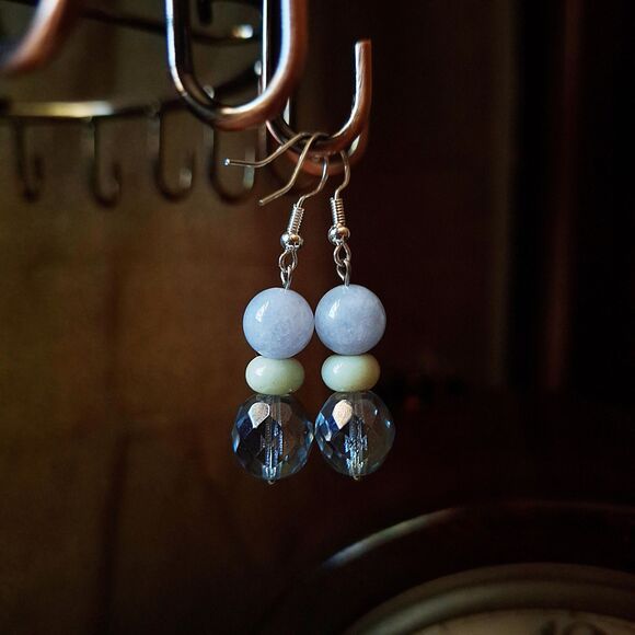 Pastel Aquamarine, Amazonite & Pale Blue Glass Drop Earrings, Fairycore Dangles - Picture 2 of 11